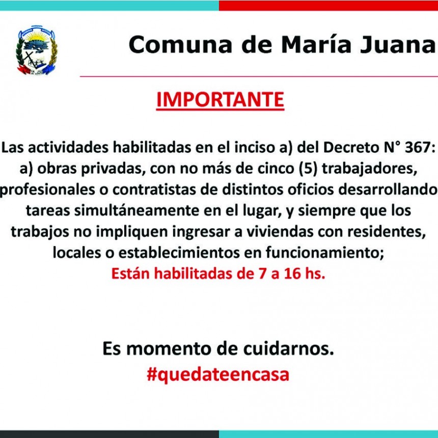 Nuevas actividades habilitadas desde el 04 de mayo en María Juana